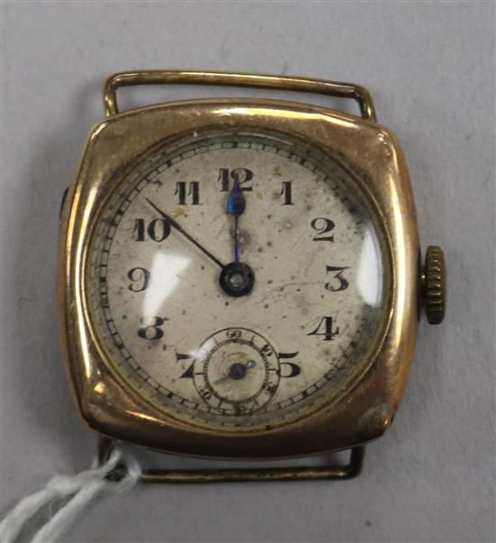 A gentlemans early 1920s 9ct gold Rolex wrist watch (no strap).